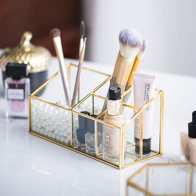 Golden Vintage Glass Box Clear Glass & Brass Metal Storage Jewelry and Cosmetic Makeup Brush Lipstick Holder Organizer Beauty Display with 5 Compartment