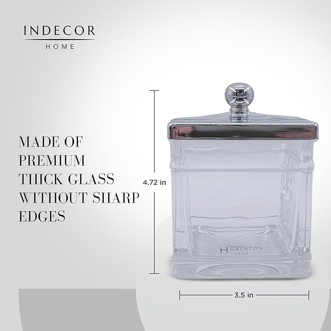Indecor Home Apothecary Glass Cotton Jar Holder Silver Stainless Steel Lid, Elegant Bathroom Storage Canister for Qtips, Cotton Balls, Floss, Makeup Organizer, Vanity Bathroom Organization
