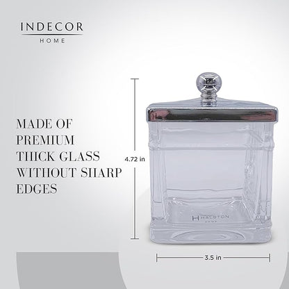Indecor Home Apothecary Glass Cotton Jar Holder Silver Stainless Steel Lid, Elegant Bathroom Storage Canister for Qtips, Cotton Balls, Floss, Makeup Organizer, Vanity Bathroom Organization