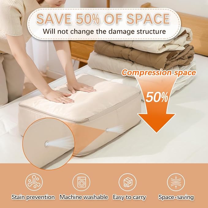 NotiGat XL Ultra Space Saving Bags self compression organizer bags space saver bag for comforters Storage bag organizer for blankets bedding clothes(Beige-1PCS)
