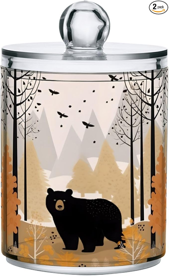 MNSRUU 2 Pack Qtip Holder Organizer Dispenser Black Bear Forest Pink Bathroom Storage Canister Cotton Ball Holder Bathroom Containers for Cotton Swabs/Pads/Floss