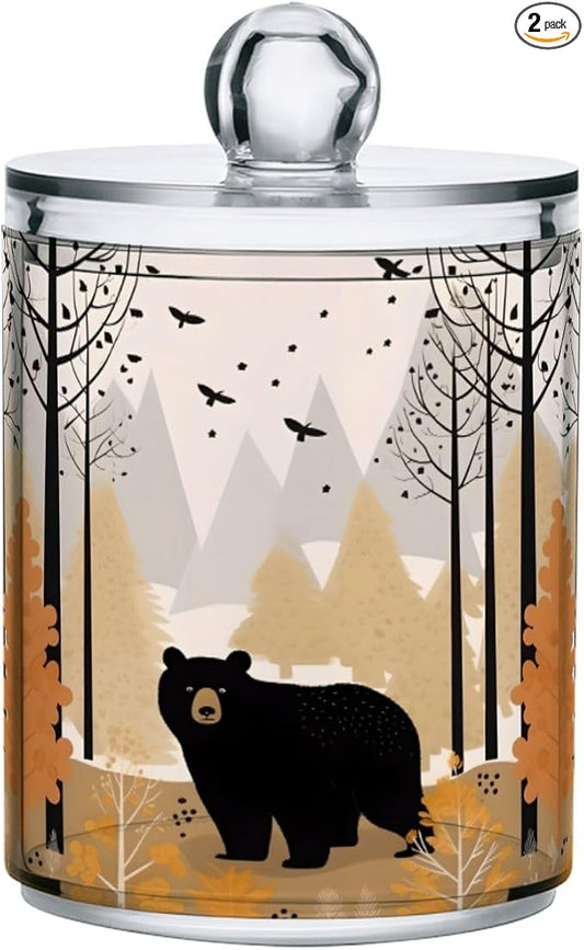 MNSRUU 2 Pack Qtip Holder Organizer Dispenser Black Bear Forest Pink Bathroom Storage Canister Cotton Ball Holder Bathroom Containers for Cotton Swabs/Pads/Floss
