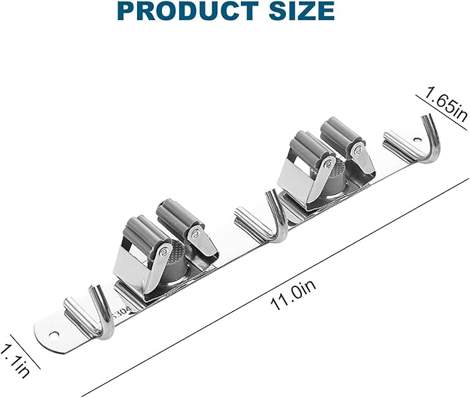 1Pcs Broom Mop Holder Wall Mount – Stainless Steel Heavy Duty Organizer with 2 Racks & 3 Hooks for Garage, Kitchen, Laundry Room, Garden & Home