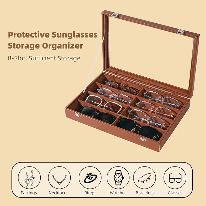 XHMQYC Glasses Holder Box Drawer Sunglass Organizer for Men Clear Wide Storage Case 8 Slots Multiple Reading Glasses Display, Brown Leather With Clear Glass Lid