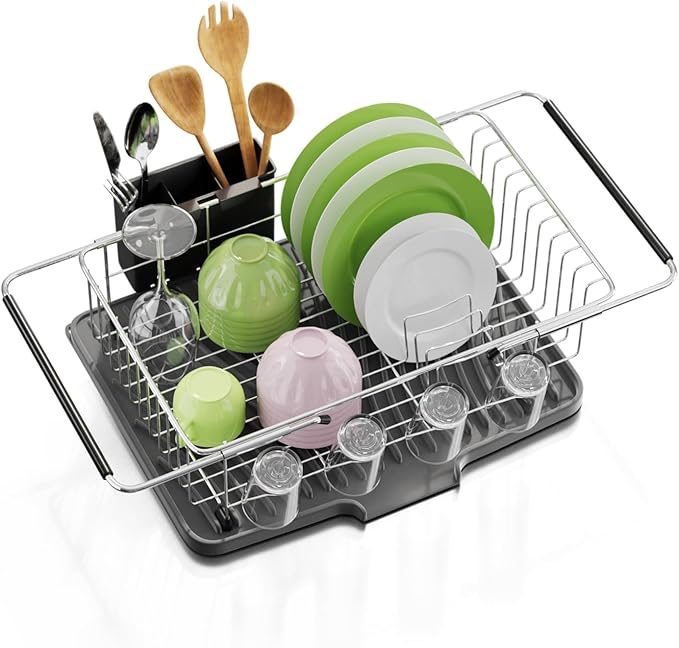 Dish Drying Rack in Sink With Non-Slip Silicone Mat Set, Expandable Carbon Steel Dish Drainers for Kitchen Counter, Bowl Dryer Rack Mat for Inside Sink, Over The Sink D ish Racks(COLOR:Grey+Silver)