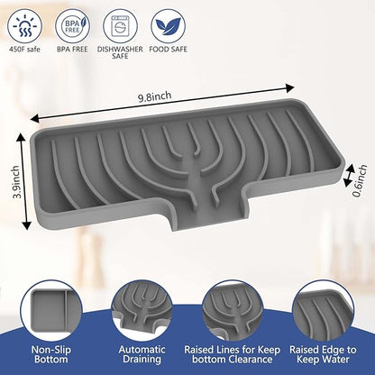 Silicone Sponge Holder for Kitchen Sink With Drain Spout, Self Draining, Kitchen Soap Tray, Bathroom Organizer, Sink Caddy, Perfect for Dispenser, Scrubber, Bottle, Cup on Counter-10"×4" (Grey)