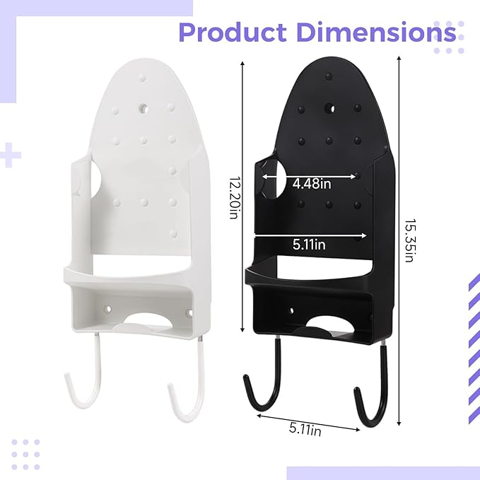 Heavy Duty Ironing Board Wall Mount, Iron Holder, Hooks, Shelf, Pbt Plastic, 55 Lbs 1.85 Oz (25 Kg) Capacity, Easy Installation