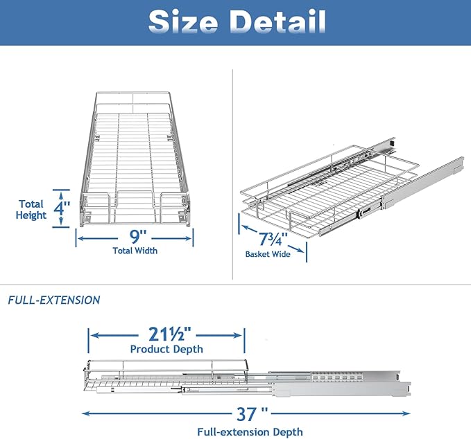 LOVMOR Pull Out Cabinet Organizer and Storage 9" W x 21½" D, Slide Out Shelves for Kitchen Cabinets
