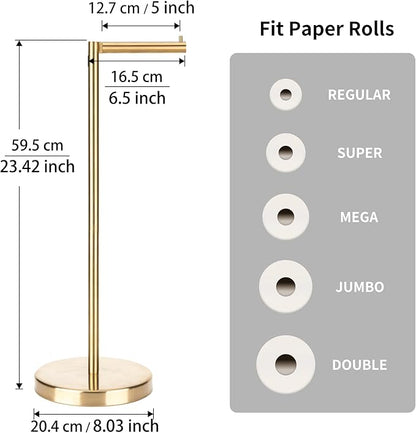 Brushed Gold Toilet Paper Holder Stand 1 pc, Free Standing Toilet Paper Holder Stand,Bathroom Toilet Paper Storage with 2.7 Pounds Heavy Base for 4+1 Rolls,Toilet Tissue Holder