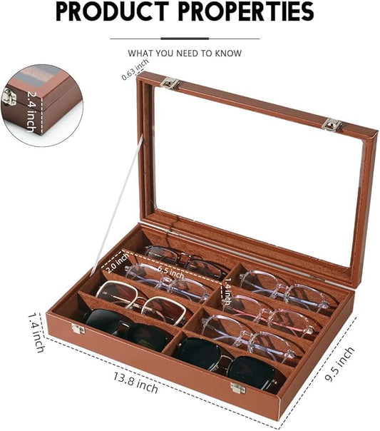 XHMQYC Glasses Holder Box Drawer Sunglass Organizer for Men Clear Wide Storage Case 8 Slots Multiple Reading Glasses Display, Brown Leather With Clear Glass Lid