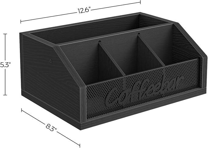 Coffee Bar Organizer, Wooden Coffee Pod Organizer for Countertop, Versatile Pod Holder with Dividers, Holds Syrup, Cups, Tea Bags, Easy Assembly, Black KH11BB