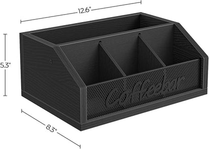 Coffee Bar Organizer, Wooden Coffee Pod Organizer for Countertop, Versatile Pod Holder with Dividers, Holds Syrup, Cups, Tea Bags, Easy Assembly, Black KH11BB