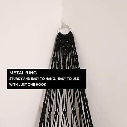 Stuffed Animal Hammock Corner Hanging Net for Stuffy Animal Storage Macrame Toy Display Plushie Toy Holder-Perfect for The Tiny Space Walls, Kid Bedroom Decor Playroom Organizer (Black)