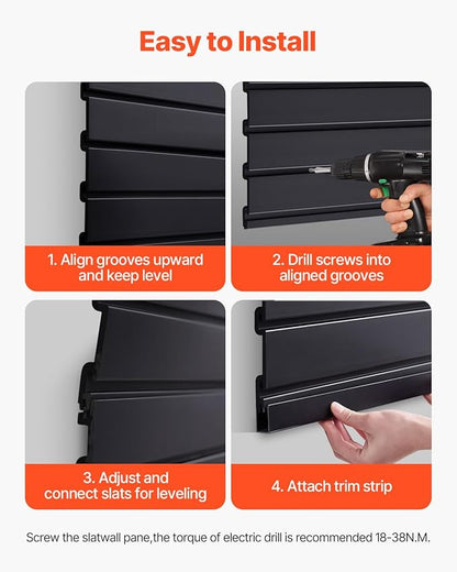 VEVOR Slat Wall Paneling, 2 x 4 ft, PVC Garage Slatwall with Modular Design, Black Slat Wall Easy-to-Install Adjustable Slatwall Panel with Coupling Structure & DIY Cutting, Fits for Storage & Display