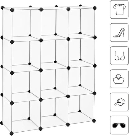 SONGMICS Cube Storage Organizer, Set of 12 Plastic Cubes, Book Shelf, Closet Organizers and Storage, Room Organization, Bedroom Living Room, 12.2 x 36.6 x 48.4 Inches, White ULPC34L