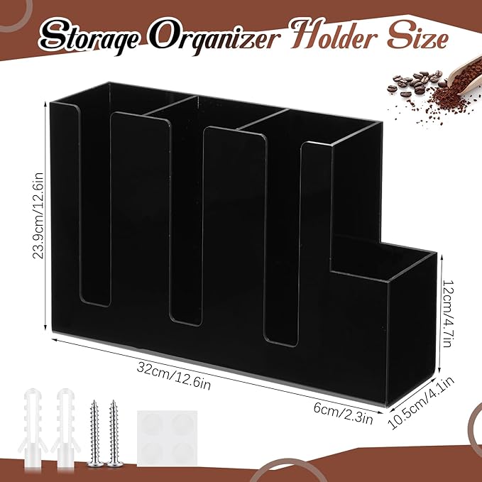 Cunhill 4 Compartments Acrylic Coffee Cup and Lid Storage Organizer Holder Disposable Paper Cup Dispenser Organizer Plastic Lid Holder Accessories for Kitchen Bar Shop Party Supplies(Black)
