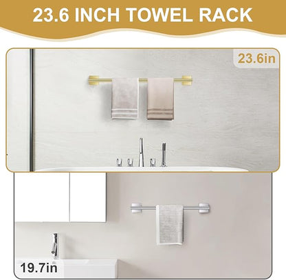 Brushed Gold Bathroom Hardware Towel Bar Set, 5 Pieces Double Dase Toilet Paper Holder Towel Holder Set, 23.6 Inch Stainless Steel Towel Rack for Bathroom Wall Mount