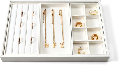 4 In 1 Leather Jewelry Trays Jewelry Drawer Organizer Tray Stackable Jewelry Trays Necklace Bracelet Ring Earring Organizer Tray(White)