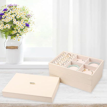 Voova Stackable Jewelry Organizer Tray with Lid, PU Leather Jewelry Storage Holder for Drawer Inserts, Jewellery Display Box Case for Earring Necklace Ring Watch Bracelet (Set of 4, Apricot)