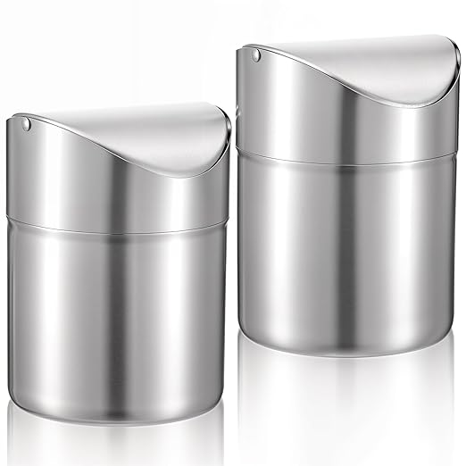 MAQUITA 2 Pcs Desk Trash Can with Swing Lids, 2L Brushed Stainless Steel Countertop Garbage Bin Small Wastebasket with Lid for Office Desk, Coffee Table