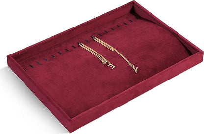 Velvet Jewelry Display Tray For Bracelet Pendant Necklace, Multi-Slot Stackable Storage Tray For Long Chain Jewelries, Drawer Insert Jewelry Organizer (Red)
