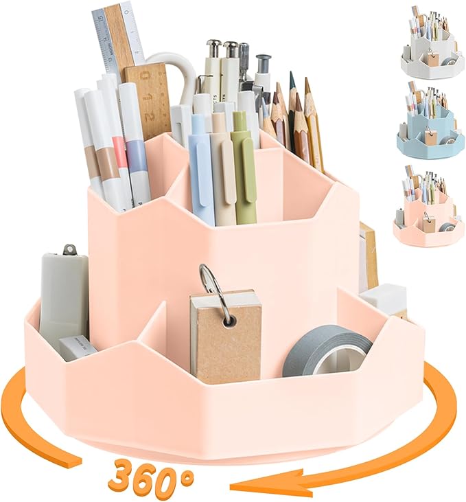 Pencil Pen Holder for Desk,9 Slots 360 Degree Rotating Desk Organizers,Desktop Storage Stationery Supplies Organizer, Cute Pencil Cup Pot For Office, School, Home(Pink)