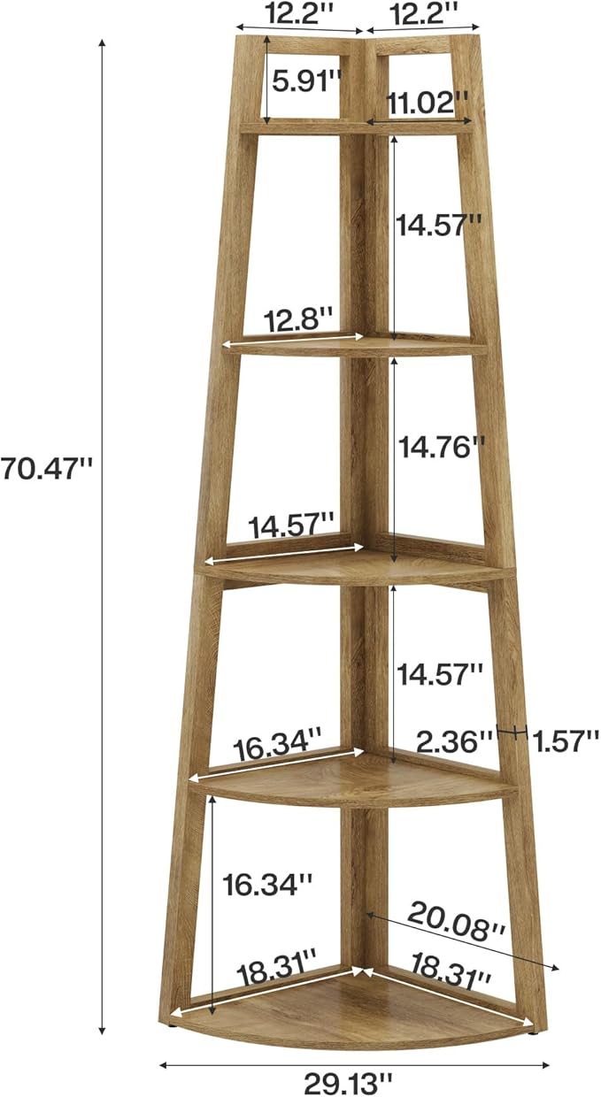 Tribesigns 70 inch Tall Corner Shelf, 5 Tier Modern Corner Bookshelf Bookcase Industrial Corner Ladder Shelf Plant Stand for Living Room, Kitchen, Home Office (Light Brown)