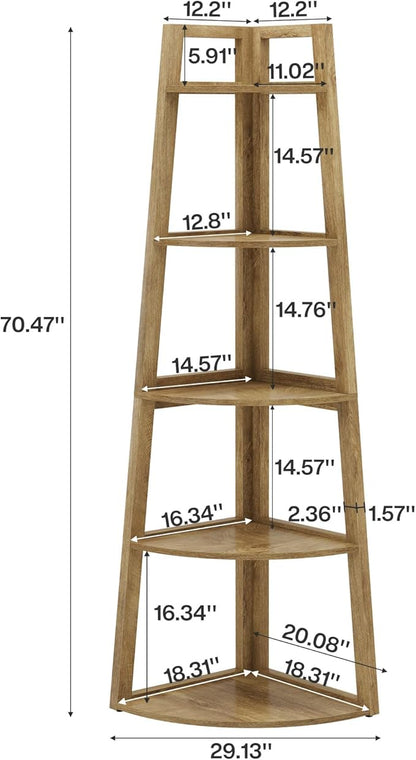Tribesigns 70 inch Tall Corner Shelf, 5 Tier Modern Corner Bookshelf Bookcase Industrial Corner Ladder Shelf Plant Stand for Living Room, Kitchen, Home Office (Light Brown)