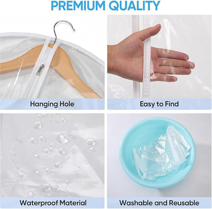 60” All Clear Garment Bags for Travel - PEVA Waterproof Suit Cover with Zipper for Hanging Clothes, long Gowns - Durable Dresser for Closet Storage, Dustproof & Moisture Resistant - 60”/2 Pack
