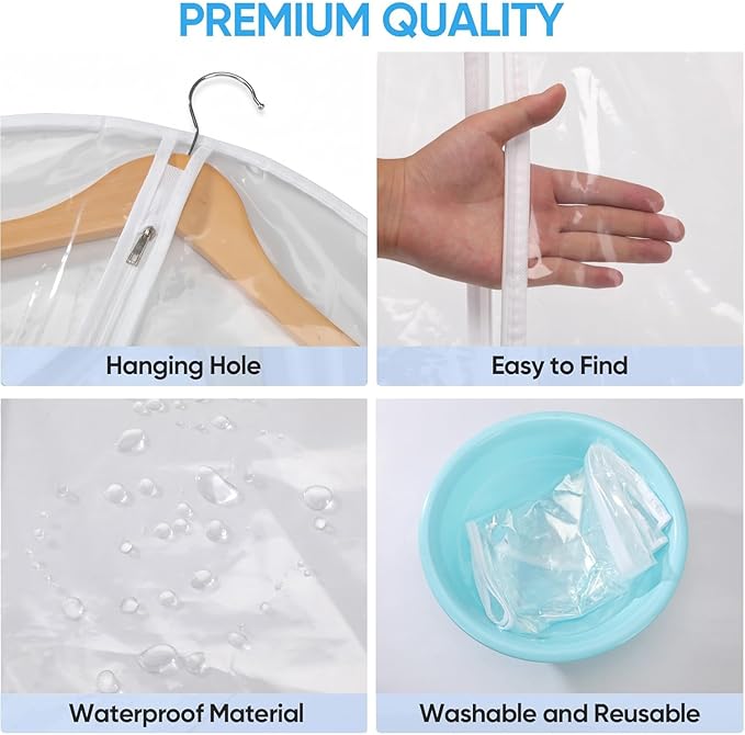All Clear Garment Bags for Travel - 48” PEVA Waterproof Suit Cover with Zipper for Hanging Clothes, long dress - Durable Dresser for Closet Storage, Dustproof & Moisture Resistant - 48”/2 Pack