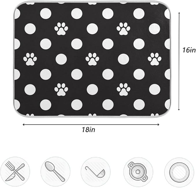 ZzWwR Cat Paw Dog Paw Foot Print Dots Absorbent Dish Drying Mat Large Microfiber Kitchen Countertop Table Protector Multi-Purpose Counter Rack Sink Drainer Pad (16" x 18")