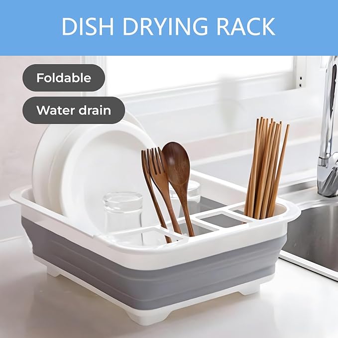 Collapsible Drying Basket & Portable Dish Drying Rack – Comes with 6 Kitchen Scouring Pads, Ideal for Kitchen, RV, Camper and Travel Trailer