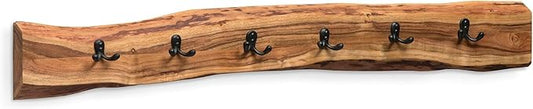 Alpine Natural Live Edge Wood 48-Inch Coat Rack with 6 Black Metal Hooks, Unique Natural Wood Characteristics, and Clear Finish for Entryway, Hallway, or Mudroom by Alaterre Furniture
