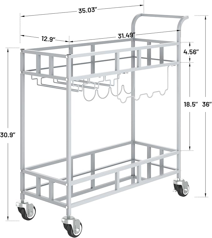 TrailBlaze Silver Mirrored 2-Tier Bar Cart with Wheels – Portable Beverage & Wine Serving Trolley, 4 Bottle Racks & 3 Glass Holders – Modern Metal Design for Home, Kitchen, Dining, Living Room