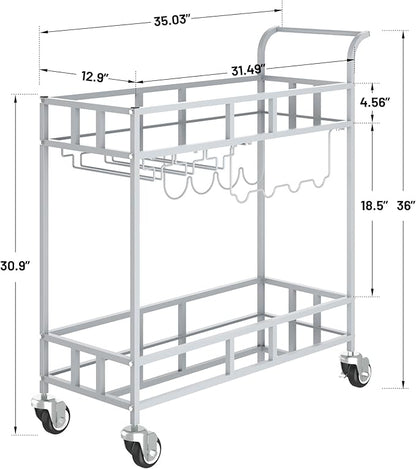 TrailBlaze Silver Mirrored 2-Tier Bar Cart with Wheels – Portable Beverage & Wine Serving Trolley, 4 Bottle Racks & 3 Glass Holders – Modern Metal Design for Home, Kitchen, Dining, Living Room