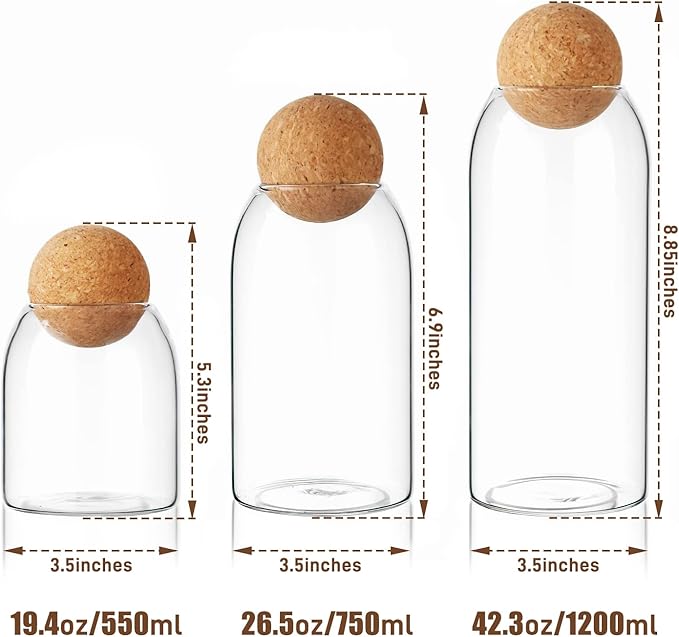 Glass Food Storage Canister, 3 Pièces Storage Container with Ball Cork, Clear Glass Storage Jar, for Sugar, Coffee, Candies(550ml/750ml/1200ml)