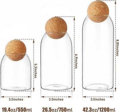 Glass Food Storage Canister, 3 Pièces Storage Container with Ball Cork, Clear Glass Storage Jar, for Sugar, Coffee, Candies(550ml/750ml/1200ml)