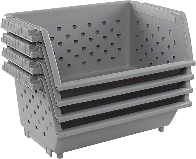 4-Pack Plastic Large Stacking Organizer Basket, Stacking Open Front Storage Bins, Gray