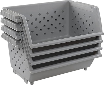 4-Pack Plastic Large Stacking Organizer Basket, Stacking Open Front Storage Bins, Gray