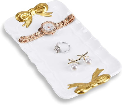 COZITED Bow Jewelry Tray Ceramic Trinket Dish for Rings Earrings Necklaces Bracelet Watch Keys, Ring Dish Plate Key Bowl Room Decor Aesthetic Vanity Perfume Tray, Gifts for Women, 6.69"