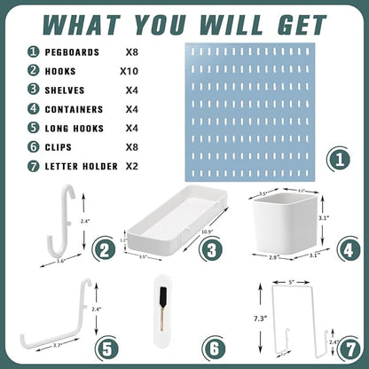 Pegboard Combination Kit, Wall Mounted Storage Set with 8 Pegboards & 28 Accessories Hanging, Peg Boards Organizer for Walls Display, Crafts Organization, Kitchen Organizer, 22" x 44" Blue
