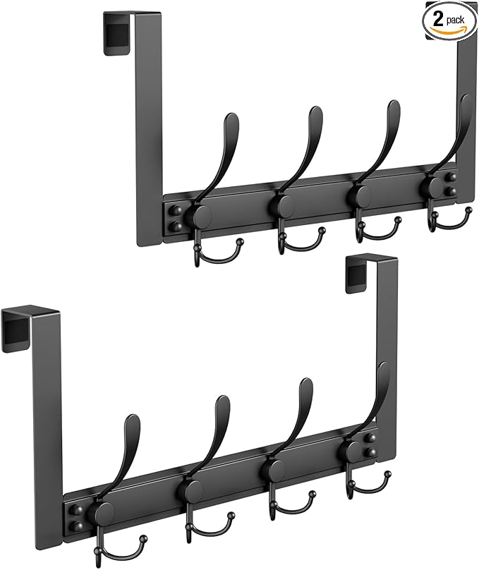 2 Packs Over The Door Hooks with 4 Tri Hooks, Heavy Duty Over Door Hanger for Bathroom Closet Bedroom Kitchen Dorm Room, Towel Coat Rack Home Organizer for Hanging Clothes Coat Hat Jacket (2, black)