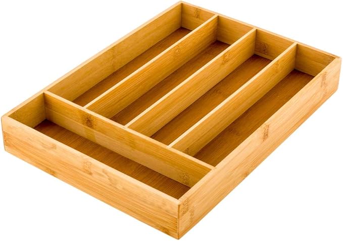 Restaurantware 13 x 10 x 1.9 Inch Silverware Tray 1 Durable Cutlery Tray - 5 Compartments Shatterproof Natural Bamboo Utensil Tray Chip-Resistant For Knives Forks And Spoons