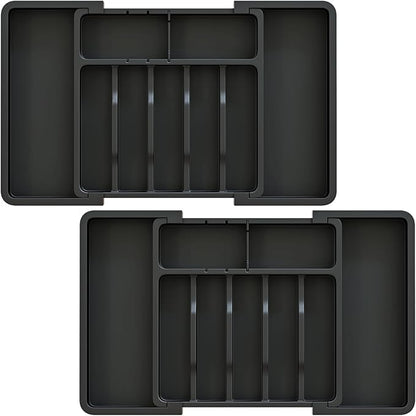2 Pack Silverware Organizer, Expandable and Adjustable Kitchen Utensil Drawer Organizer, Plastic Cutlery Holder with Multiple Compartments,Cutlery Holder,for Spoons Forks Knives,Black,UAFD012B
