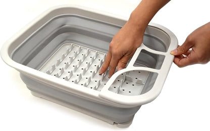 SAMMART Set of 2 Collapsible Dish Drainer with Drainer Board - Foldable Drying Rack Set - Portable Dinnerware Organizer - Space Saving Kitchen Storage Tray (2, Grey)