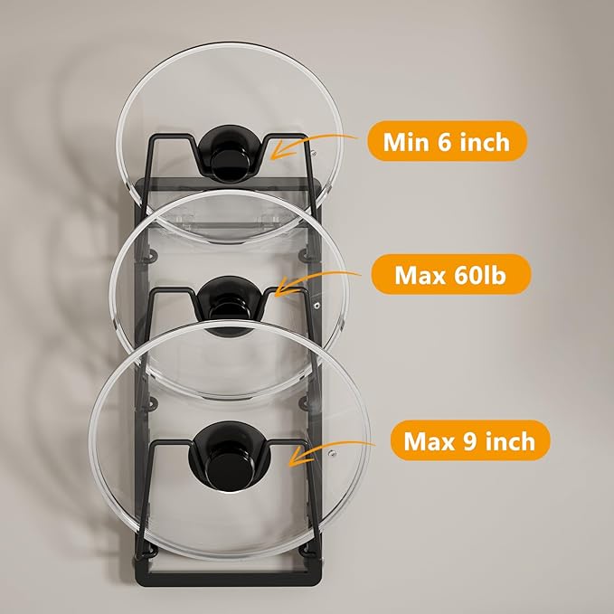 FEZHI pot lid organizer Rack, 3-tier adjustable and removable Pot Lids Holder for Kitchen Cabinet Door/Wall, No Drilling Adhesive Wall/Door Mounted Rustproof pots and pans organizer under cabinet.