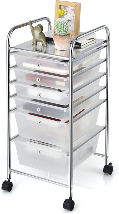 Giantex 6 Storage Drawer Cart Rolling Organizer Cart for Tools Scrapbook Paper Home Office School Multipurpose Mobile Utility Cart (Clear White)