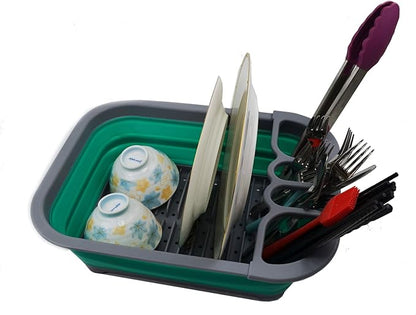 SAMMART Collapsible Plastic Dish Drainer - Foldable Drying Rack Set - Portable Dinnerware Organizer - Space Saving Dishes and Utensil Kitchen Storage (1, Dark Grey/Bluish-Green (w/o Base Board))