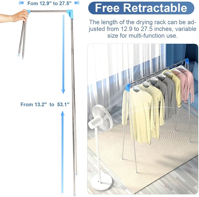 Portable Garment Rack, Folding Clothes Rack, Collapsible Clothing Rack for Dance, Travel, Camping, Laundry, Indoor, Outdoor, Drying, RV, Mini Compact Racks Blue + 3 Foldable Clothes Hangers