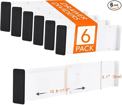 Adjustable Drawer Organizer Set, 6-Pack, 10.8"-17.9" Expandable, 3.1" High, Plastic Storage Dividers for Closets, Kitchen, Bedroom, Bathroom